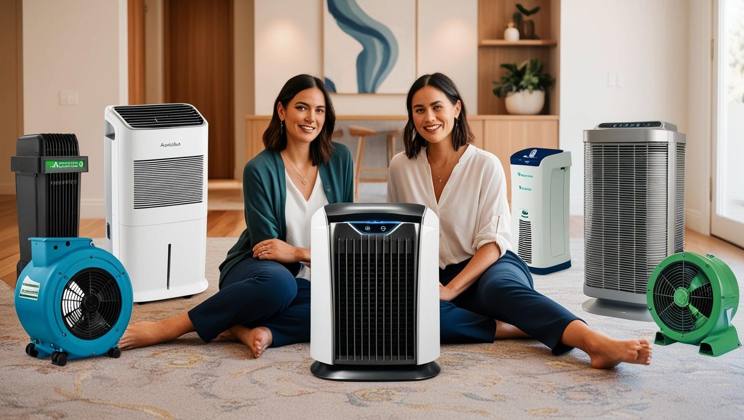 Two women sitting on floor surrounded by air cleaning and humidity control devices in modern living room Two women sitting on floor surrounded by air cleaning and humidity control devices in modern living room